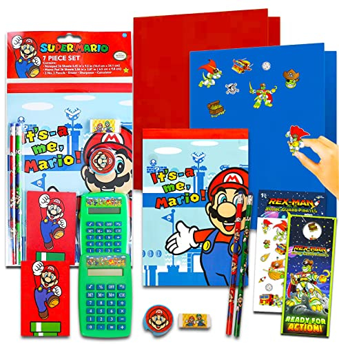 Mario School Supplies Value Pack - 9 Pc Bundle with Super Mario Folders, Notebook, and Stickers for Kids Boy Girls | Super Mario Back to School Supplies