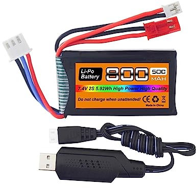 1PCS 7.4V LiPo 2S 50C 800mAh with JST and PH2.0 plug with USB charging cable for SCX24 RC Car Battery, Compatible With Most 1/10, 1/16, 1/18, 1/24 Scale RC Car, Truck And RC Drone Batteries