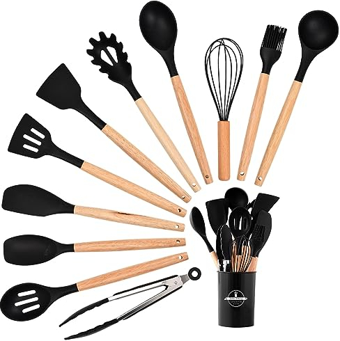 Pagezol 12PCS Kitchen Utensil Set Black, Silicone Cooking Utensils Set BPA Free Non Toxic Non Stick Heat Resistant, Wooden Handles Cooking Tool, Silicone Kitchen Gadgets Utensil, Kitchen Accessories