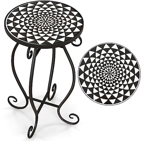 COSTWAY Table D’appoint Exterieur Jardin en Mosaïque, Table Bistro Ronde en Carreaux de Céramique Résistant aux Intempéries, Table Basse D'extérieur pour Balcon Piscine (Noir + Blanc)