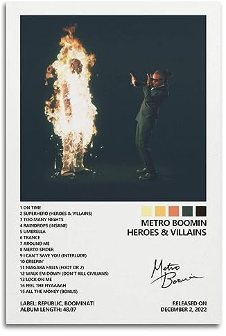 Metro Boomin Poster Helden und Bösewichte, Albumcover, Leinwand, Wandkunst, Poster, Drucke, Popmusik, Gemälde, Party, Heimdekoration, für Zimmer, ästhetisches Schlafzimmer, Badezimmer, limitiertes