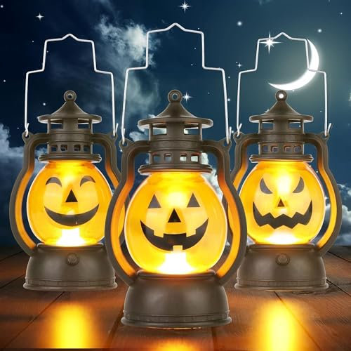 Kürbis Licht, 3 Stück Halloween Laterne mit LED Kerze, Kürbis Laterne Teelichter Batterie LED Kürbis Licht Vintage Laterne Nachtlicht Tragbare Kürbis Lichter für Halloween Deko Halloween Kürbis