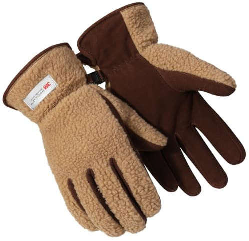 Harssidanzar Leder Winterhandschuhe Für Herren Schafsfell Wildleder Outdoor Schnee Ski Thermal Fleece und Thinsulate Gefüttert Weich SM041EU,Kamel/Dunkelbraun, Größe L
