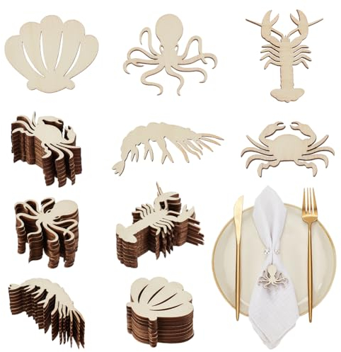 OLYCRAFT 100 Stück 5 Stile Unlackierte Holzausschnitte Menü Rezept Leere Holzscheiben Krabbe/Hummer/Garnele/Muschel/Oktopus Holzstücke Naturholzausschnitte Für Party Servietten Mahlzeit Auswahl