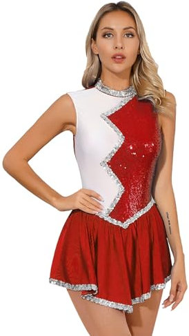 CHICTRY Kürkleider Eiskunstlauf Damen Ärmellos Ballettkleid Pailletten Glitzer Tanzbody Zweifarbig Patchwork Trikot Mit Wickelrock Dancewear Rot L