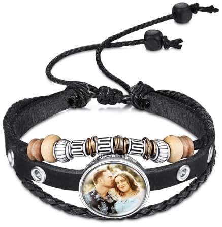 INBLUE Personalisierte Leder Armband mit Bild Inneren für Frauen Wickel Style Einstellbare Geflochtene Seil Armband mit Perlen Memorial Schmuck Geschenk für Mutter Ehefrau (Stil B - Schwarz)