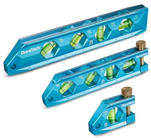 DURATECH 3-Piece Level Tool Set, Magnetic Torpedo Level Included 2.5, 6.25, 8 Leveler with 0°/30°/45°/90° Bubbles, V-Groove, Large Viewing Window, Aluminium Alloy Construction, SAE and Metric Scale