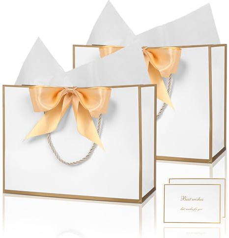 2 Stück Geschenktüten, Geburtstag Papiertüten mit Schleifenbändern Grußkarten, 28x20x10cm Geschenktaschen mit Henkel Partytüten Geschenktüten Groß für Hochzeit Feier Party (Weiß Golden)
