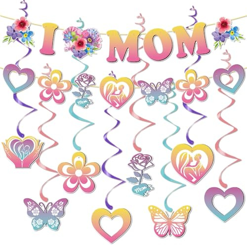 Happy Mother's Day Banner,Mothers Day Geburtstagsbanner und Hängende Wirbel Dekorationen 26 Stück,I Love MOM Muttertag Banner Girlande Dekorationen Für Muttertag Mutter Mama Geburtstag Party
