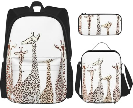 SUHNGE Schulrucksack-Set mit Dahlien-Blumendruck, 3-in-1-Büchertaschen-Set mit Lunchbox, Federmäppchen, Reise-Laptop, Tagesrucksäcke, Niedliche wilde Cartoon-Giraffen, Einheitsgröße