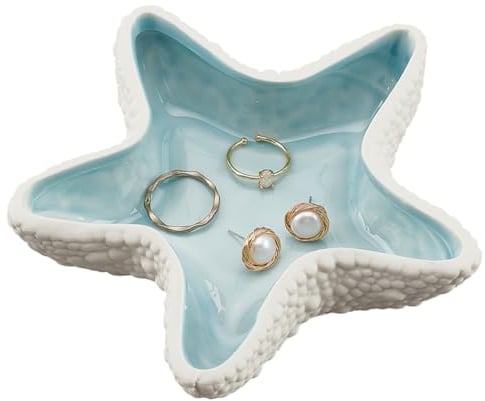 DELORIGIN Starfish Jewelry Dish Tray Ceramic Jewelry Dish Ring Holder Trinket Dish Candy Dish Small Key Bowl for Birthday Home Party Decor Ocean Art Gift for Women Housewarming Present