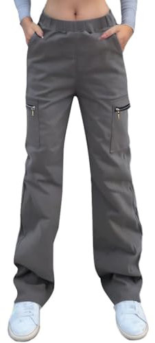 Nuofengkudu Gamba Larga Diritto Pantaloni Cargo Donna con Cerniera Tasche Stretch Lunghi Pantalone Elasticizzati Vita Alta Larghi Lavoro Comodi Y2K Teen Ragazza Moda Vintage Streetwear Grigio M
