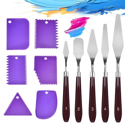 YWKJDDM Palette Knife, 11Pcs Painting Knife Set, 5 Stainless Steel Painting Knives with 6 Purple Plastic Scraper, Steel Painting Knives for Art Craft Painting