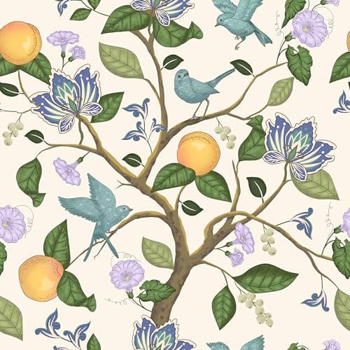 Fvlow Blue Bird Peel and Stick Wallpaper Vintage Yellow Removable Wallpaper Vinyl Wrap Kitchen Worktop Covering Vinyl Self Adhesive Thick Leaf Contact Paper for Table Sticker Home Décor 44.5cmx1000cm