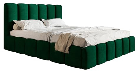 Emporius Doppelbett 140x200 cm Palermo - Hersteller, Design Bett - Polsterbett mit Lattenrost, Kopfteil, Bettkasten - Velvet Stoff (Grün - Kronos 19)