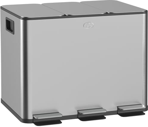 HOMCOM Tret-Abfalleimer 3 Fächer 20L Küchenabfalleimer mit 3 Deckeln mit geräuschlosem Verschluss aus Edelstahl und PP, 61,9x36,6x56,7 cm, Silber