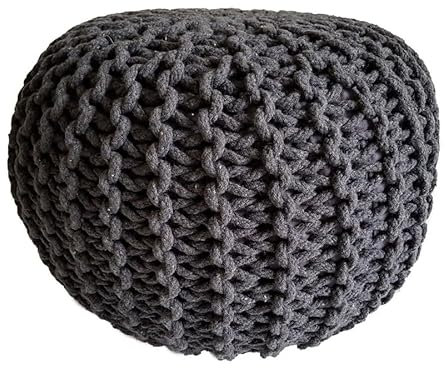 Abato Pouf Ø 45 cm Sitzpouf Strickhocker Sitzpouf Bodenkissen nachhaltig Grobstrick Optik, extra stabil, passend für jeden Wohnraum, fair gehandelt, 100% Baumwolle Naturmaterial anthrazid