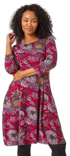 Roman Originals Women Long Sleeve Swing Dress - Ladies Autumn Winter Smart Casual Everyday Checkered Print Round Neck Stretch Comfortable Jersey Dresses - Petite Wine - Size 10