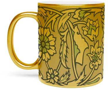 Goldene Tasse aus verchromter Keramik - Vintage Blumenrand Jugendstil Ornament - 325 ml