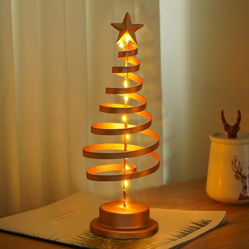 Kleiner Weihnachtsbaum mit Beleuchtung, Weihnachtsdeko Metall Mini Weihnachtsbaum mit Lichterkette, LED Weihnachtsdeko Tisch Weihnachtsbaum mit Stern, Modern Weihnachtsbeleuchtung Lichterbaum (Gold B)