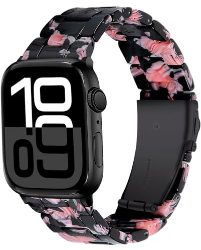 Miimall Bracelet en Resine Compatible avec Apple Watch Ultra 49mm, Bracelet pour Apple Watch 11 avec Métal Boucle en Acier Inoxydable Strap pour iWatch Series 10 46mm Band Femme, Fleur Noire Rose