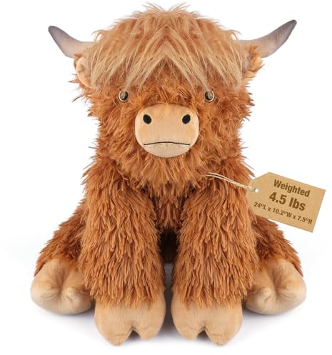 61 cm & 2 kg Highland Cow Weighted Stuffed Animal, Adjustable Sitting & Laying Plush Toy Pillows with Removable Ceramsite Bag for Companion, Cuddly & Soft Gifts for Adults, Kids, Boys and Girls