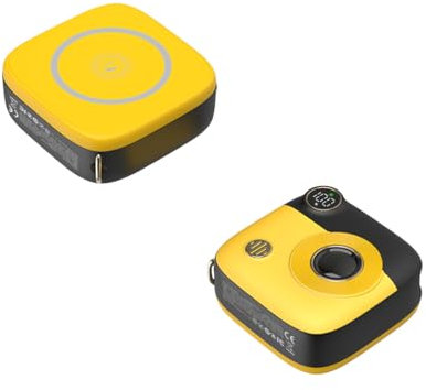 XO Retro Kamera Magnetische Powerbank 10000mAh Kompatibel mit MagSafe, LED-Display, PR223, tragbar, 20 W Type-C Eingang, Handflächengröße (Schwarz-Gelb)