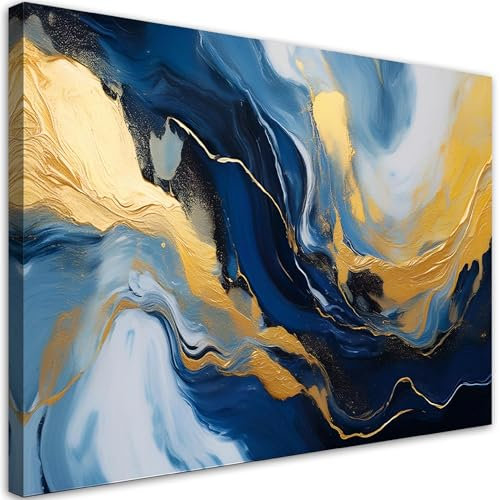 Feeby - Impression sur Toile - Chambre Salon - Texture marbre abstrait Bleu Or - 90x60 1partie - Tableau Mural Intissé - Peintures sur Toile pour la Maison - Modern canvas Pictures