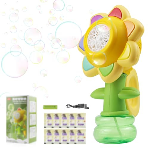 Suevut Seifenblasenmaschine Kinder Blume, Wiederaufladbare Sonnenblumen Seifenblasenmaschine mit 3 Modi (Licht, Tanz, Blasen), für Geburtstag Party Indoor Outdoor Spielzeug