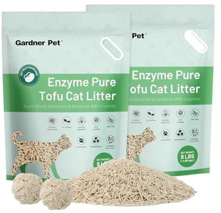 Gardner Pet Tofu Katzenstreu mit Enzymen 8.2 kg, staubfrei, schnell klumpend, spülbar Kätzchenstreu, pflanzliche natürliche Kätzchenstreu mit schneller Absorption und geringer Verschmutzung, 4 kg x 2