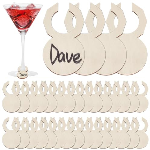 UNICRAFTALE 80 pièce de Verre à Vin en Bois pour Verres à Pied Marqueurs de Vin Étiquettes Breloques Simples pour Boissons Identifiants de Verre pour Anniversaire Mariage 5.4x3cm