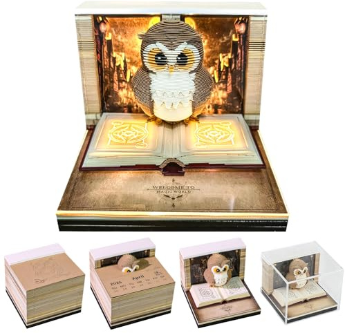 2026 3D Tischkalender Abreißen, 3D Notizblock Kalender mit Licht und Anzeigebox, Kreative Eule Papierskulptur Tischkalender, DIY Desktop-Ornament für Weihnachten Neujahr Geschenk