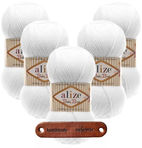 ALIZE 5 x 100g Baby Best 55 White Premium Wolle babyweich ohne Fusseln für Babykleidung Decken und Accessoires hautfreundlich pflegeleicht für das ganze Jahr mit mySearose Label