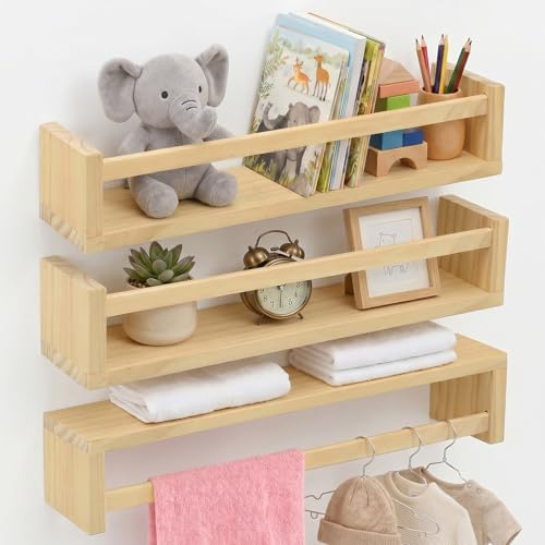CAAGGMM Wand Bücherregal, 3 Stück 42 x 10 x 9,1 cm Holzregal, Wandregal Bücherregal, Schweberegal für Zimmer, Bilderleiste Holz, für Spielzeug, Bilder und Bücher, Holzfarbe