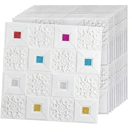 Vibeo Carrelage Adhesif Mural 10 Dalles de Faux Plafond Autocollantes en Mousse, Autocollant de Dalles Blancs Texturés en 3D, Papier Peint Adhésif Imperméable pour Plafond(Multicolor)