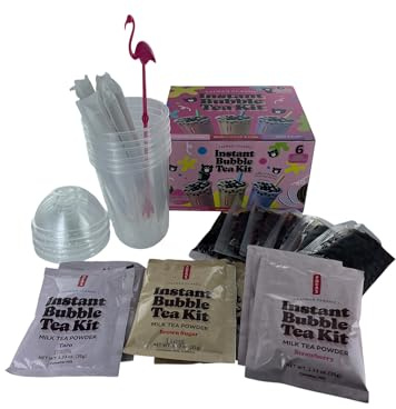 Pocas Instant Bubble Tea Kit Variety Box (6 Drinks) with Real Tapioca Pearls – Brown Sugar, Strawberry & Taro Milk Tea Powders – Includes Cups, Lids, Straws & Stirrer