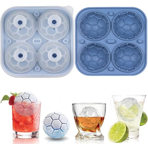 Fußball Eiswürfelform mit Deckel 4 Fächern, Silikon Eiswürfelform Groß Fußball Eiswürfelbehälter mit Deckel, Eiswürfel Form Kugel für Whisky, Bier, Cocktails(Blau)