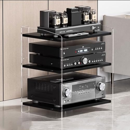 Höhenverstellbares HiFi-Rack aus Acryl und Holz, Audioschrank für Vinyl-Plattenspieler, 3/4-stufiges multifunktionales offenes Ablageregal für Stereoanlagen, TV-Ständer, AV-Medienständer (Dunkel+Sch