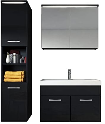 Badezimmer Badmöbel Set Paso LED 80cm Waschbecken Hochglanz Schwarz Fronten - Unterschrank Hochschrank Waschbecken Spiegelschrank