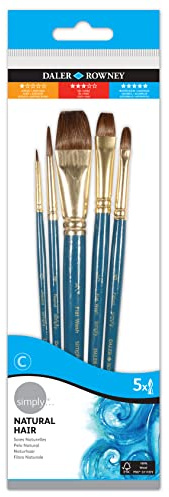 Daler Rowney Simply Watercolour Brush Set 5 x Assorted Brushes | Natural Pony Hair, Short Handles, For Entry-Level Artists & Hobbyists