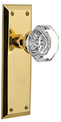 Nostalgic Warehouse New York Plate with Waldorf Crystal Knob, Internal Door Privacy Lock - 2.375'', Unlacquered Brass