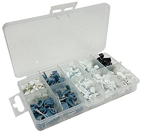 Merriway BH06595 (110 Pcs) Assortment of Flat Twin & Earth Cable Clips, Bellwire Clips & Shotgun Coax Clips in a 10 Compartment Carry Case - Pack of 110 Pieces