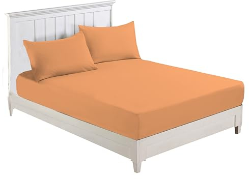 R&Z Plain Luxury Polycotton Fitted Sheet Single, Double, King, Super King, 4FT (Peach, Small Double 4ft)