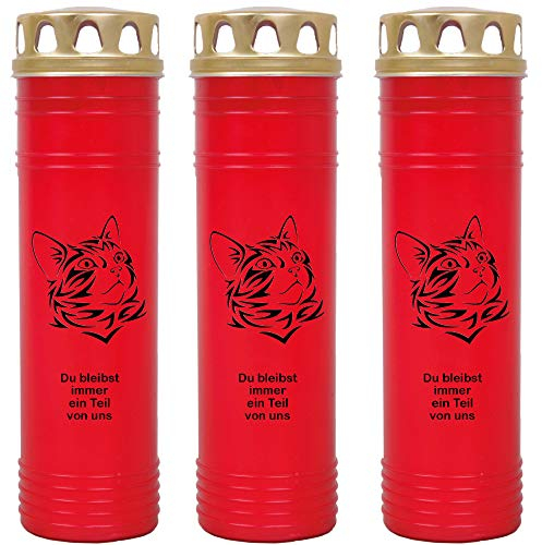 HScandle Grabkerze - 3er Pack - (Rot) Grablicht ca. 7 Tage Brenndauer je Kerze - Motiv: Katze 1