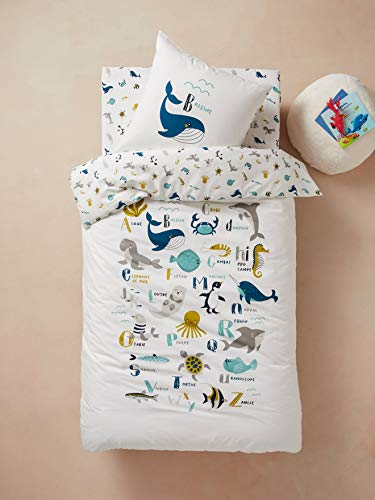 Vertbaudet Kinder Bettwäsche-Set Meerestiere wollweiß 140X200 - Kissen 50X75