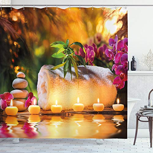 ABAKUHAUS Spa Duschvorhang, Romantischer Garten, Stoffliches Gewebe Badezimmerdekorationsset mit Haken, 175 x 200 cm, Grün Weiß Lila