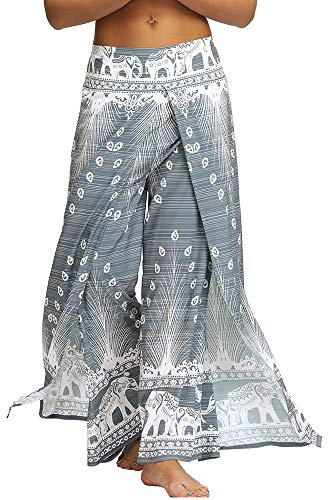 Nuofengkudu Damen Sommerhose Hippie Lange Hosen mit Schlitz Lockere Weites Bein Palazzo Bunt Flowy Yogahose Luftige Elegant Leicht Freizeit Sommer Strand Urlaub(Grau Pfau,Größe XL,Etikett L/XL)