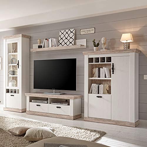 Lomadox Landhaus Wohnwand Pinie weiß mit Vitrine & Highboard, TV-Lowboard & Regal inkl. LED-Beleuchtung