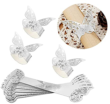 Anloo Schmetterlings Papier Serviettenring, 50 Stück 3D Laser geschnittene Serviettenschnallen Band für Hochzeitsessen Party Serviette Table Festival Jubiläumsrestaurant (Silber)