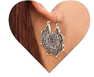 Yheakne Boho Mandala Blume Ohrringe Silber Tropfen Baumeln Ohrringe Tribal Ohrringe Vintage Ethnische Creolen Schmuck für Frauen und Mädchen (Silber)